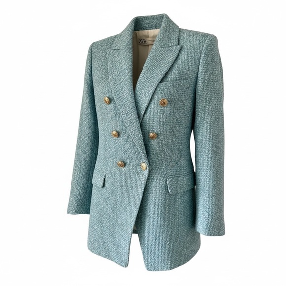 ZARA Powder Blue Tweed Blazer Button Textured Size S - Picture 2 of 9